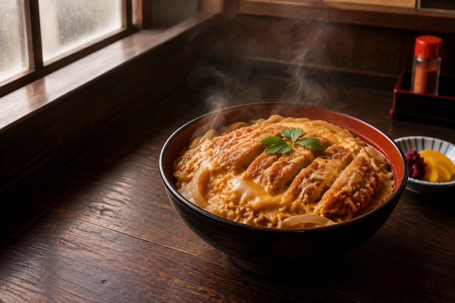 湯気の立つカツ丼のデモ用料理イメージ
